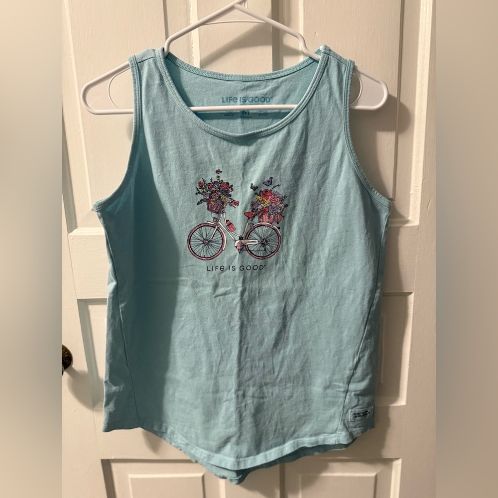 Life Is Good Aqua Tank Top with Floral Bicycle Design